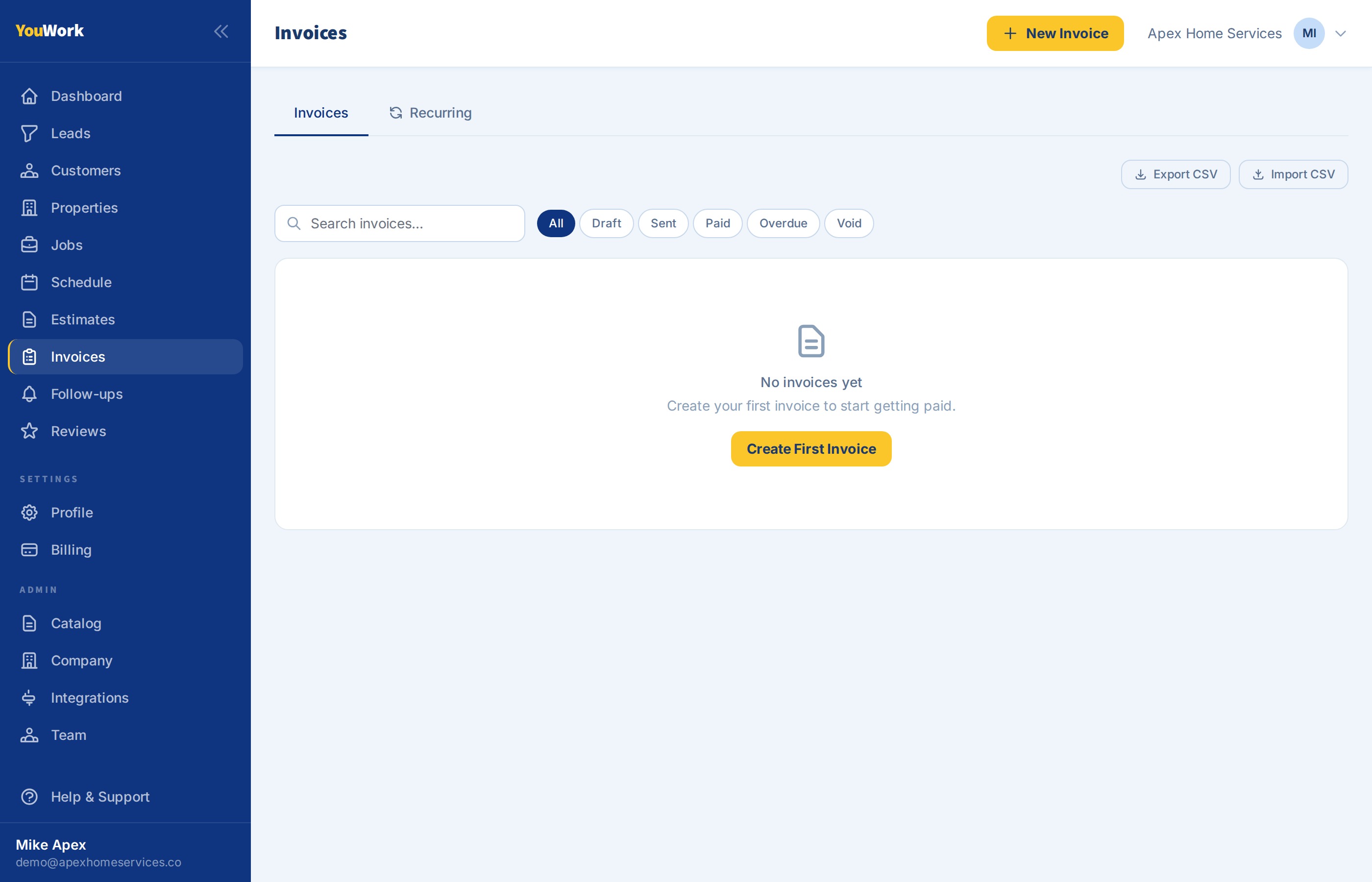 YouWork invoices page showing invoice list with amounts and payment statuses